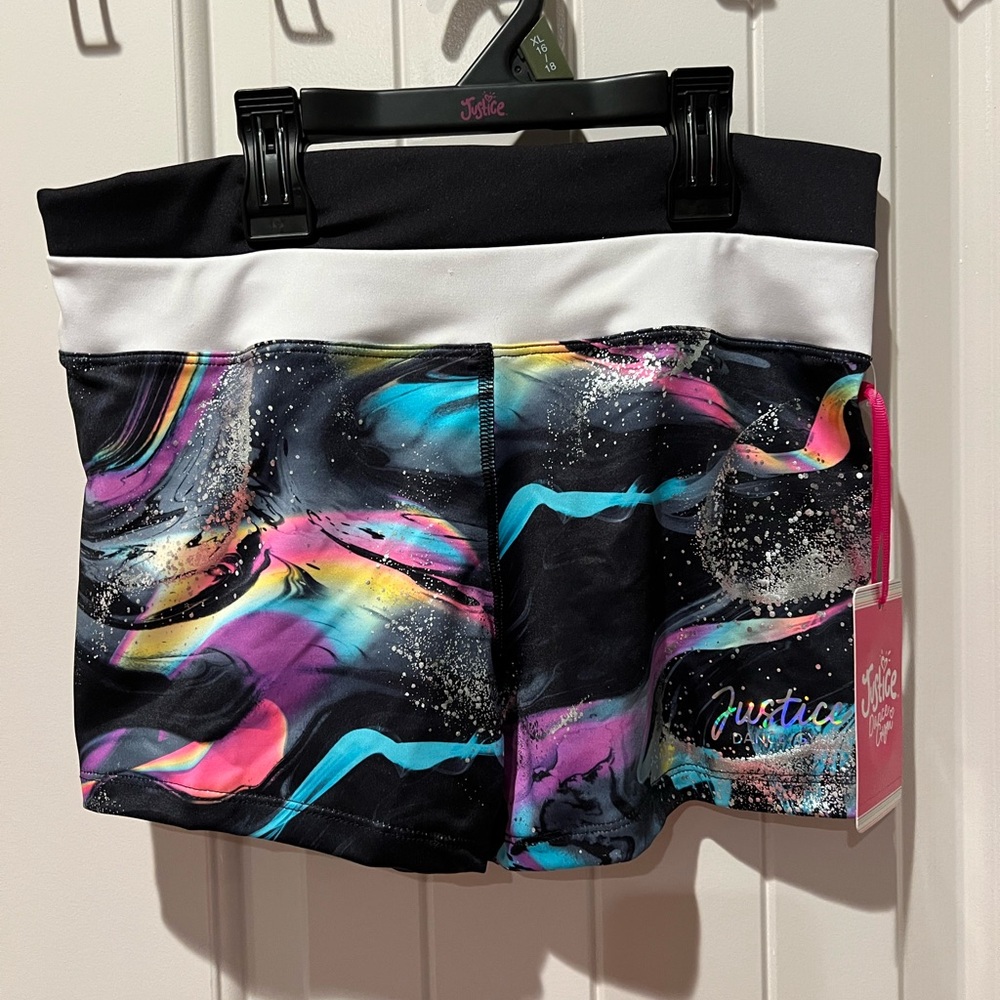Justice Black, pink, blue Swirl gymnastics, dance Shorts sz xl 16/18 girls